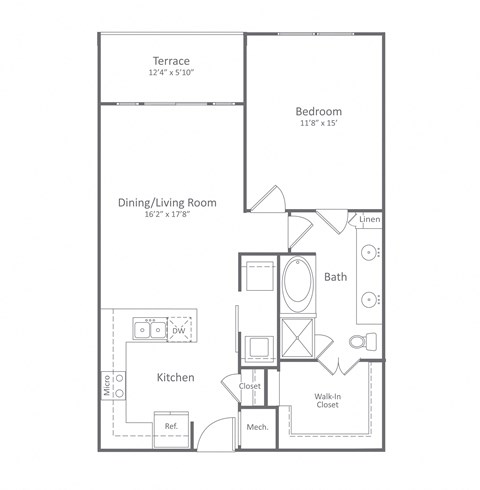 Floor plan for 1 bed, 1 bath, 829 sqft